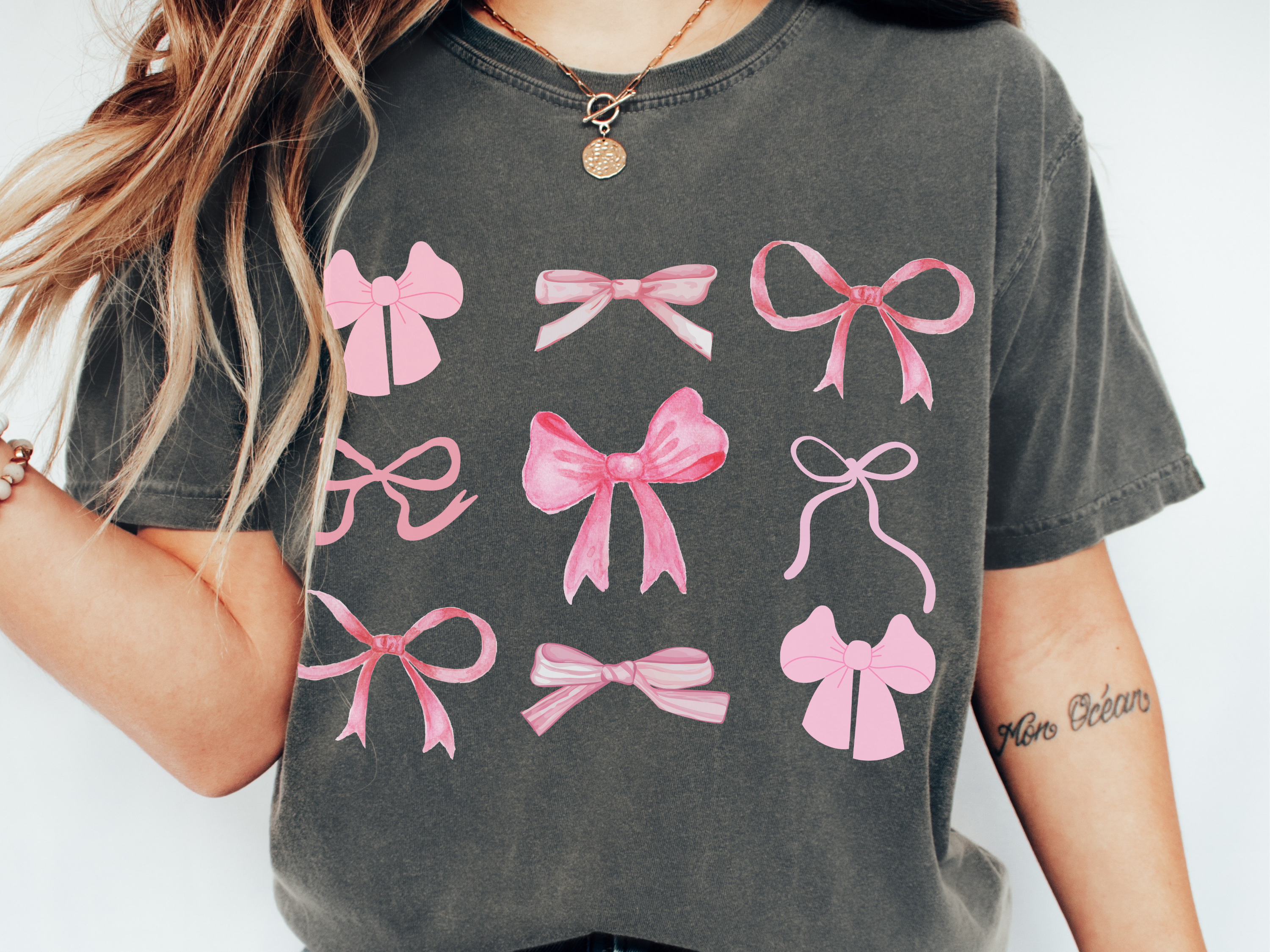 Pink Bow Pattern T-shirt | Cute Ribbon Graphic Tee for Valentine's Day